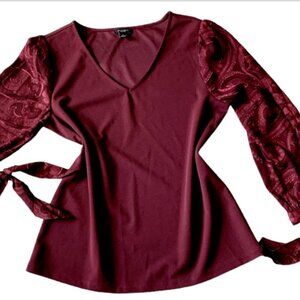 Ann Taylor Factory Burgundy Blouse Floral Print Tie Sleeves Sz S #77H